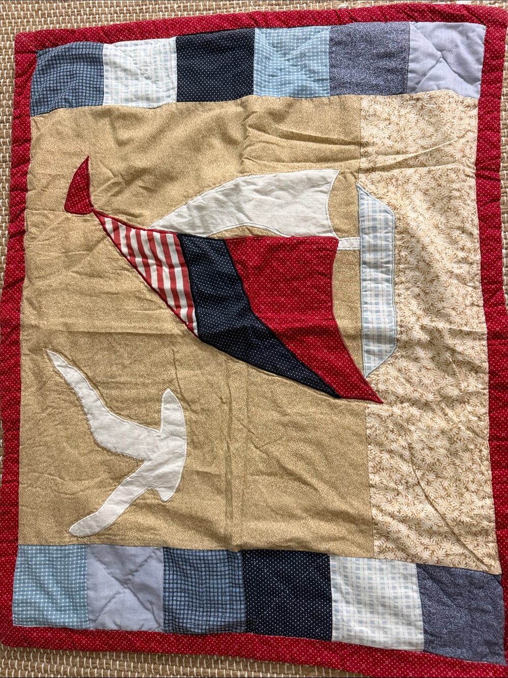Nautical Patchwork Quilt with Sailboat & Seagull - Red, Navy, Cream